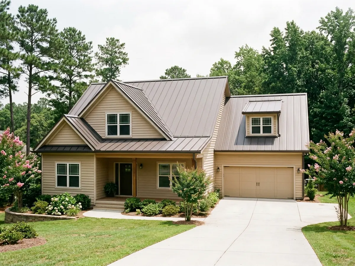 Aluminum standing seam roof in dark bronze finish on a two-storey suburban house