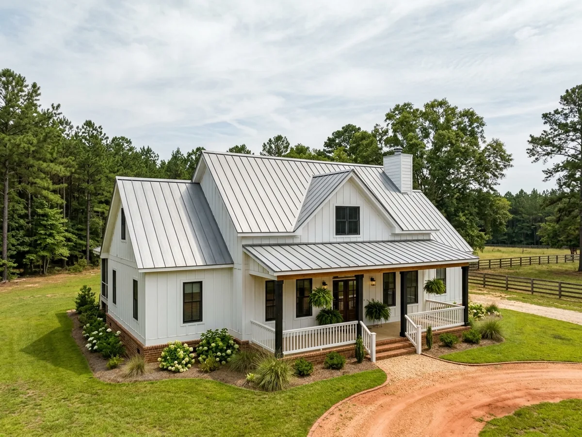 Bare silver Galvalume standing seam roof on a farmhouse-style home with a porch
