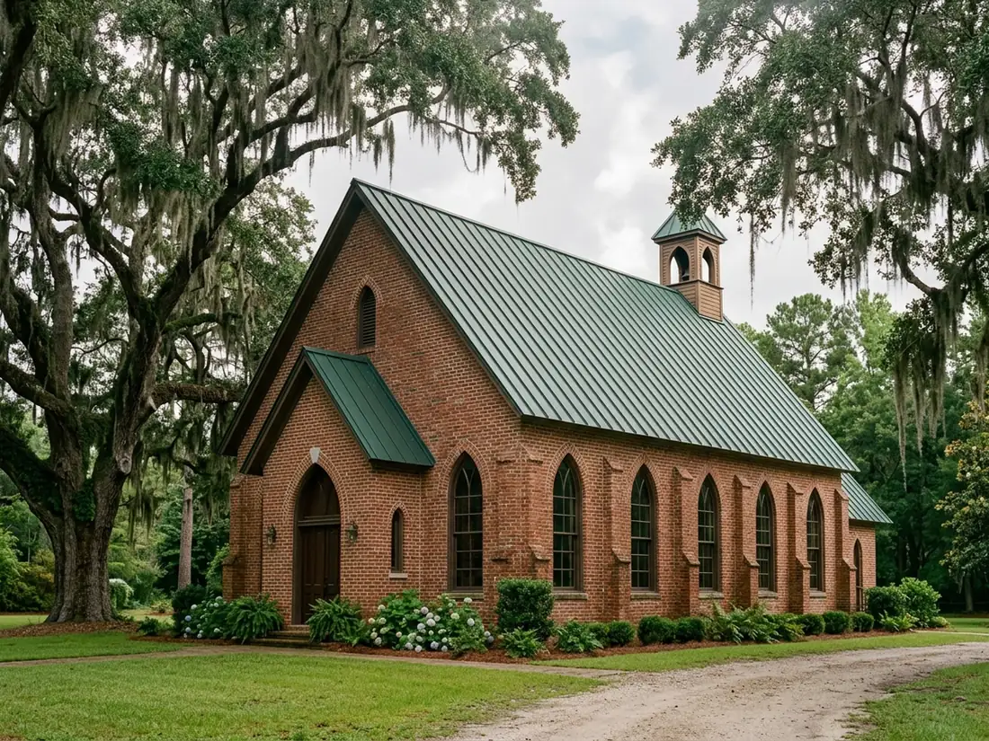 Dark green standing seam metal roof on a steep brick church sanctuary with tall arched windows