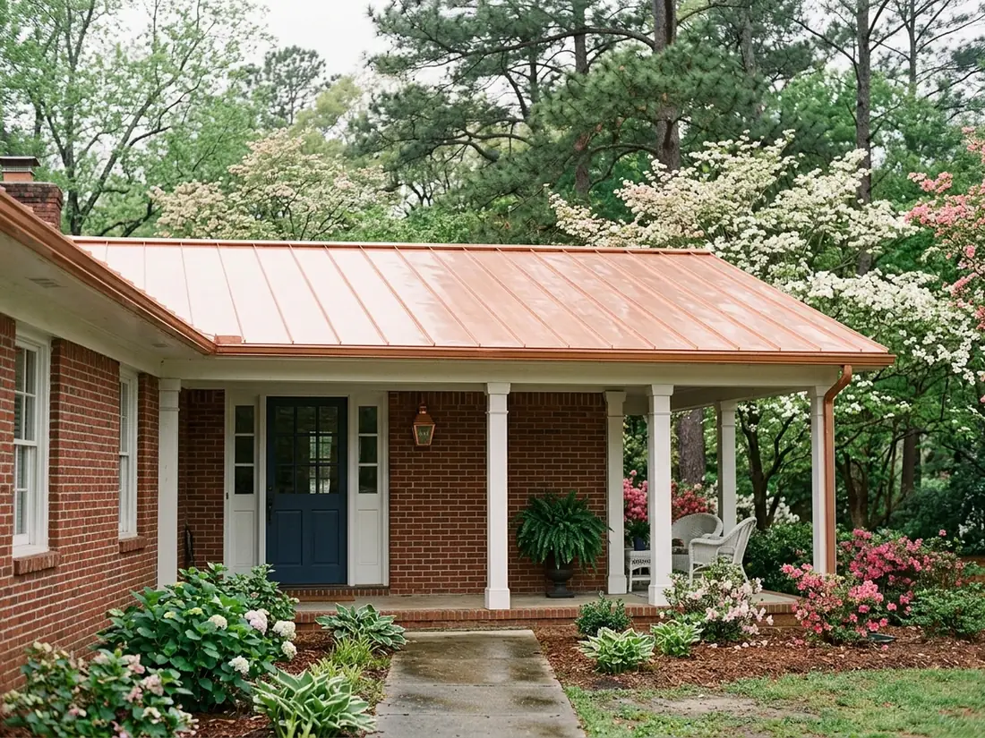 Copper standing seam roof panels with raised seams over a brick porch