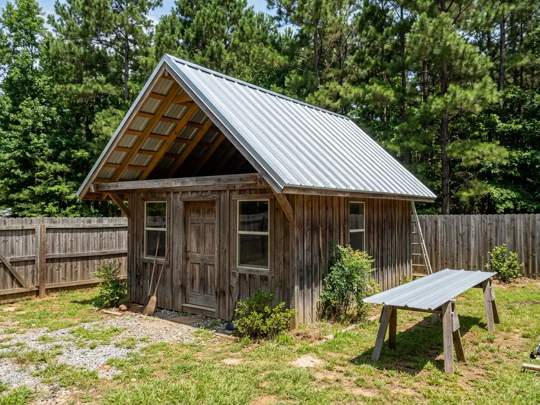 Backyard workshop with a silver ribbed exposed-fastener steel roof, an open gable showing the purlins and a spare panel on sawhorses