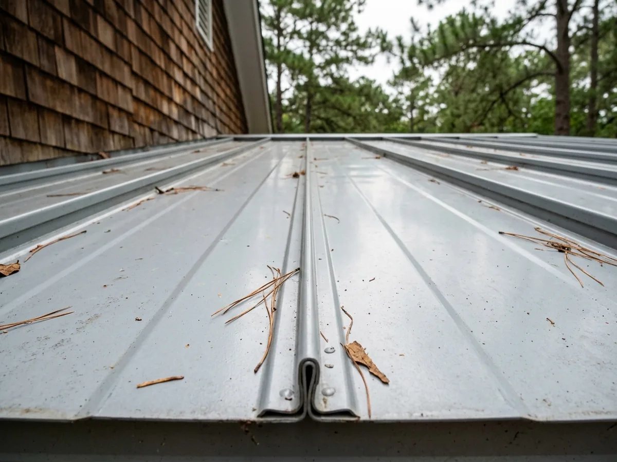 Mechanically seamed double-lock standing seam metal roof on a low-pitch addition