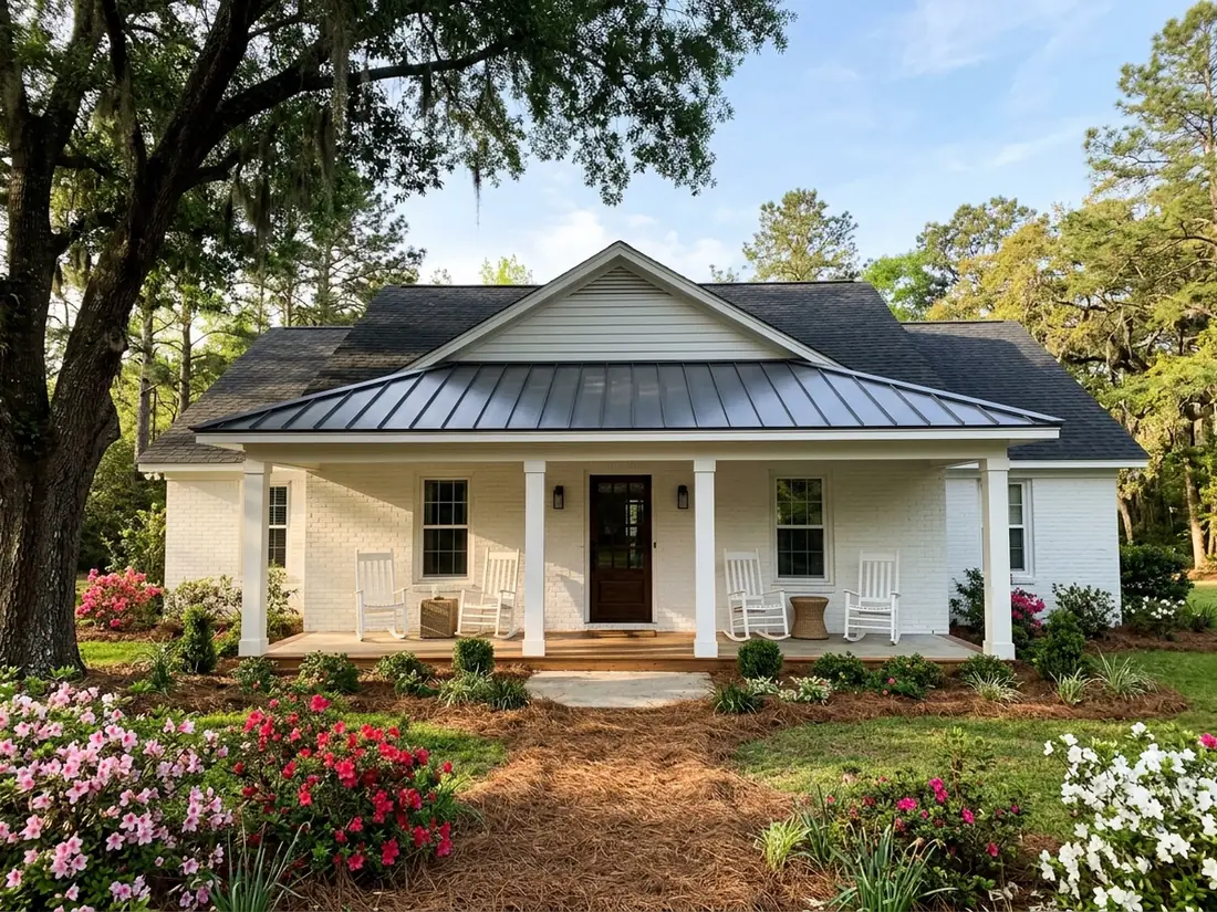 Charcoal standing seam metal roof over the front porch of a white brick ranch