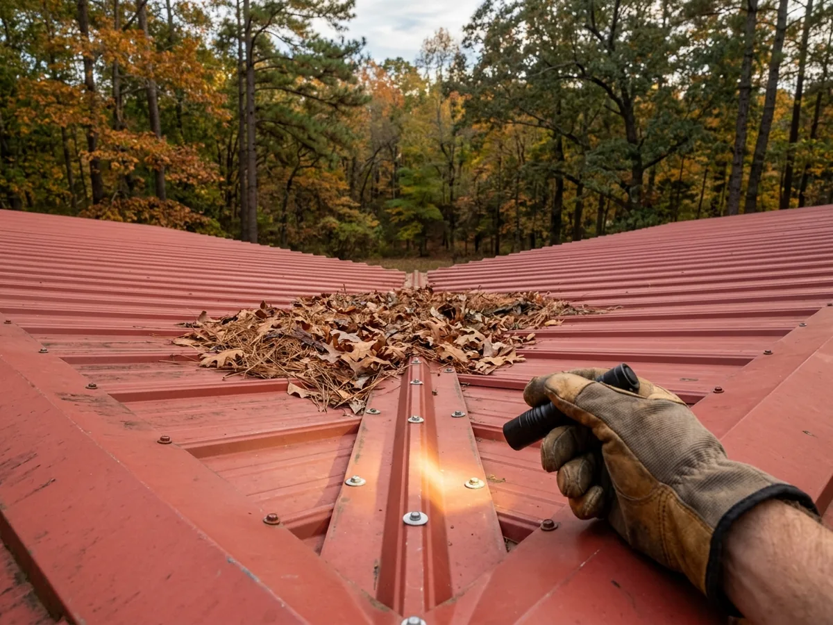 Gloved hand shining a flashlight along a row of screw heads on a red exposed-fastener metal roof, with fallen leaves piled in the valley