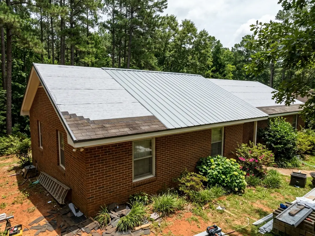 Ribbed steel roof panels laid over grey synthetic underlayment on top of old asphalt shingles on a brick ranch house