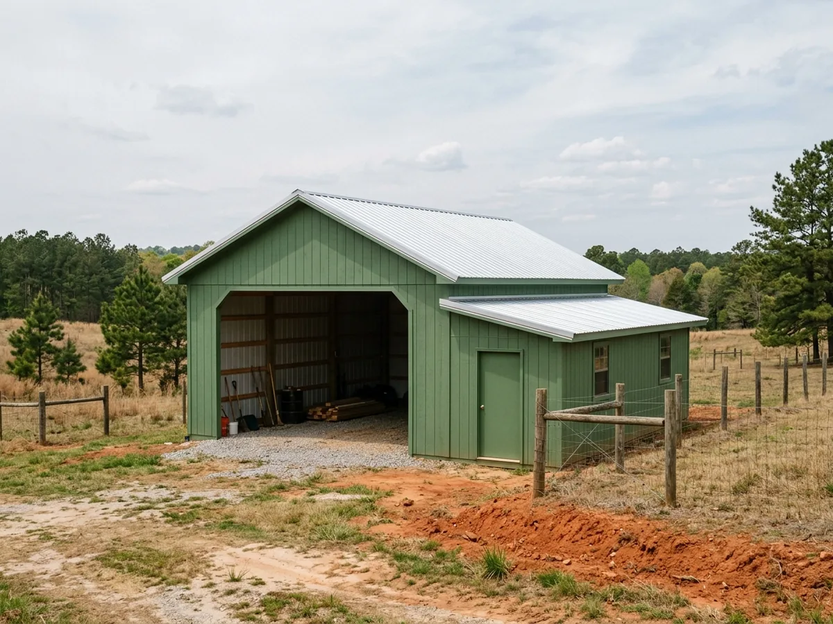 Green pole barn with a silver ribbed metal roof and an open bay, a pasture fence and red clay ground in front