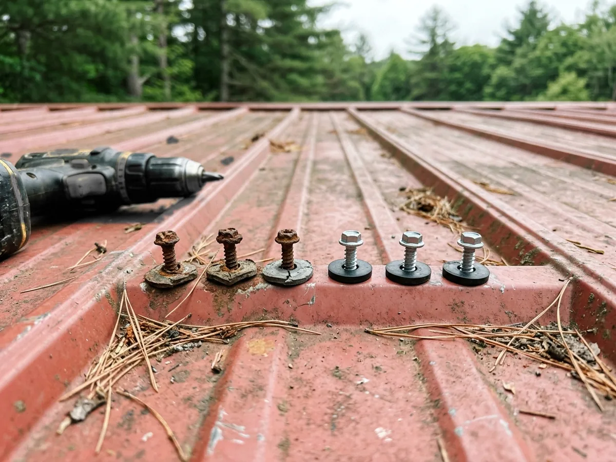 Close view of new gasketed screws next to old rusted screws with cracked washers on a ribbed metal roof
