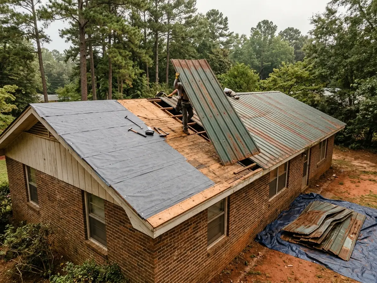 Old rusted corrugated steel panels being pulled off a roof deck, with new underlayment going down on the cleared section