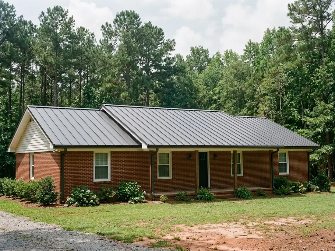 Charcoal snap-lock standing seam panels on a brick ranch house, raised ribs evenly spaced from eave to ridge