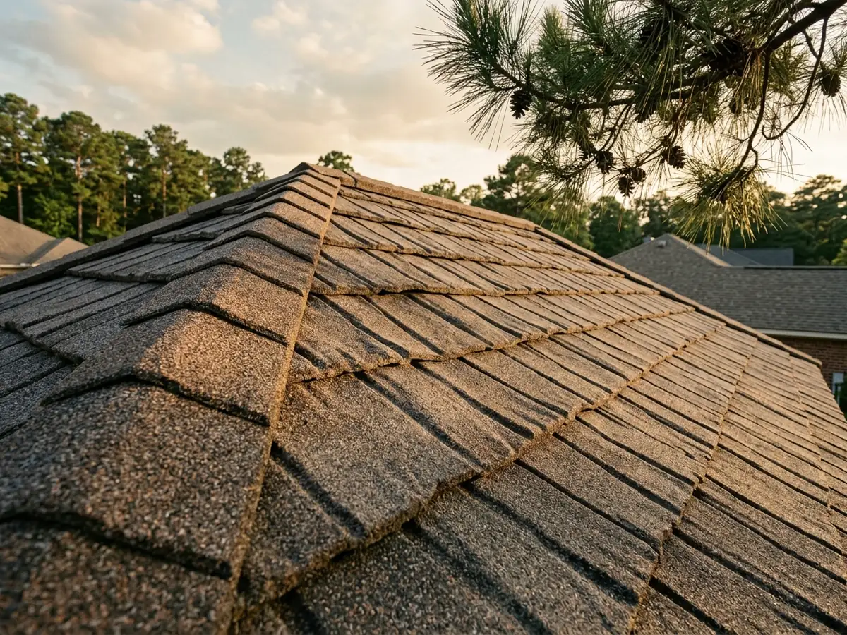 Hip roof covered in brown and charcoal stone-coated steel panels shaped like wood shake